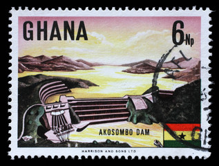 Stamp printed in Ghana shows Volta River dam and electric power station at Akosombo, circa 1967