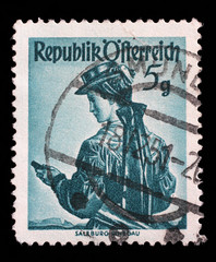 Stamp printed in the Austria shows Woman from Salzburg, Pinzgau, Regional Costume, circa 1949