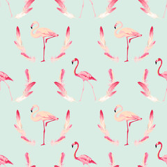 Flamingo Bird Background. Retro Seamless Pattern. Vector Feather