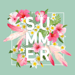 Tropical Flowers and Leaves Background. Summer Design. Vector. T-shirt Design