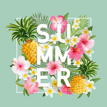 Tropical Flowers and Leaves Background. Summer Design. Vector. T-shirt Design