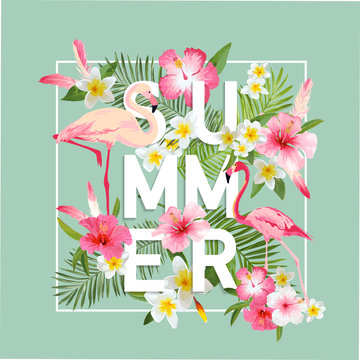 Tropical Flowers Background. Summer Design. Vector. Flamingo Background