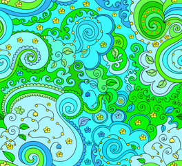 Vector floral nature seamless pattern with flowers, doodles, figured lines. Colorful decorative vector endless texture