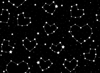 Starry vector seamless endless pattern with stars and constellations as hearts