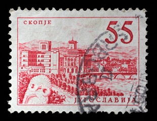 Stamp printed in Yugoslavia shows a Bridge at Skopje, with inscription 