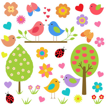 Vector set of spring theme. Spring nature, trees, flowers, birds lovers