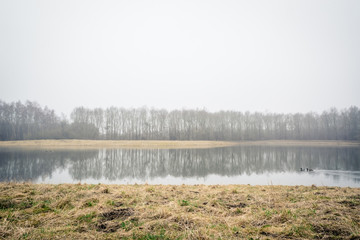 Misty lake with tree reflections