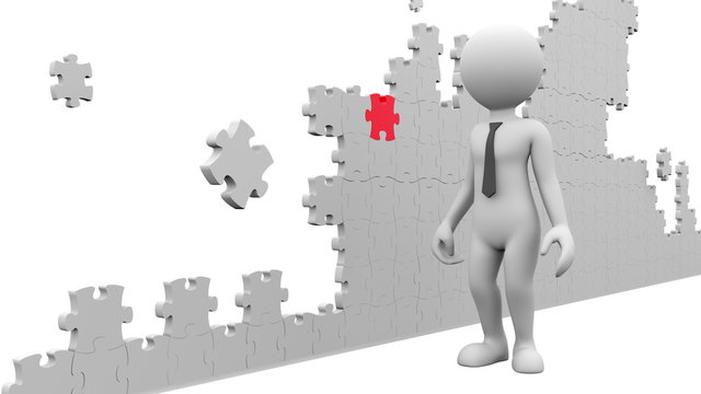 3D character and missing piece. People series - Perspective view. With an alpha matte.