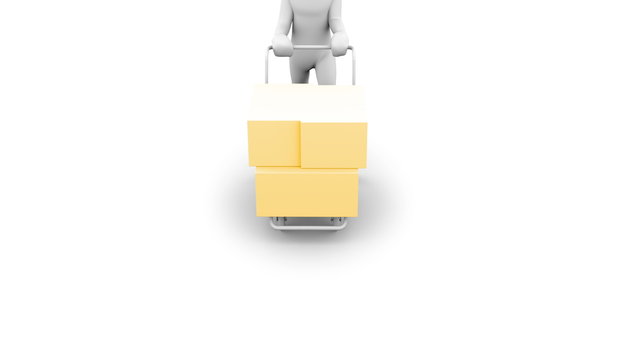 The Deliver. 3D  character with a Hand Truck. People series. With an alpha matte.