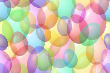 Easter holiday bokeh seamless pattern with colorful transparent dyed eggs in different pastel colours. Suitable as background for greeting card, wallpaper for web site, poster etc. 