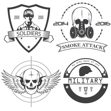 War emblem, soldiers, logo, skull with wings, ribbon. vector