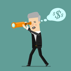 businessman using binoculars. Cartoon man looking for success, opportunities, future trends through a telescope. Flat design business concept illustration
