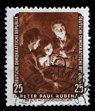 Stamp printed in DDR shows the painting Old woman with a brazier, by Peter Paul Rubens, from the series Famous Paintings from Dresden Gallery, circa 1957.