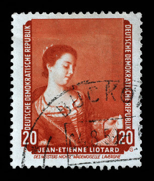 Stamp printed in DDR shows the painting Portrait of Mademoiselle Lavergne, by Jean Etienne Liotard, from the series Famous Paintings from Dresden Gallery, circa 1957.