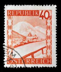 Stamp printed in Austria shows Mariazell is a small city in Austria, series, circa 1947