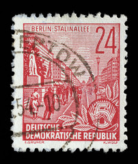Stamp printed in GDR, shows Stalin Avenue with inscription Berlin, Stalin Avenue, series Five-year plan, circa 1955