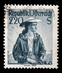 Stamp printed in Austria shows image woman in national Austrian costumes, Ischl, 1820, series, circa 1952