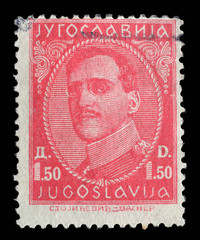 Stamp printed in Yugoslavia shows portrait king Alexander I (1888-1934), from series King Alexander I, circa 1932