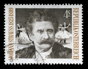 Stamp printed by Austria shows image portrait of famous Austrian music composer Johann Strauss, circa 1975.
