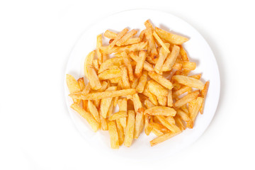 a lot of delicious french fries cooked at home on a white background