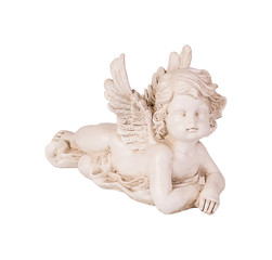 White figurine of the lying angel on a white background isolated