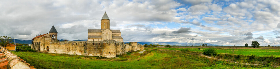 panorama view of Alaverdi Georgian Eastern Orthodox monastery in Kakheti province in Georgia