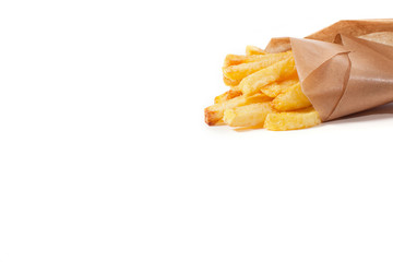 a lot of delicious french fries cooked at home on a white background