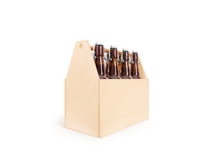 Beer wooden box side mock up isolated. Blank wood cold beer packaging mockup stand. Beer bottles with lightning stopper in wooden crate. Grip beer pack. Alcohol package display view. Beer branding.
