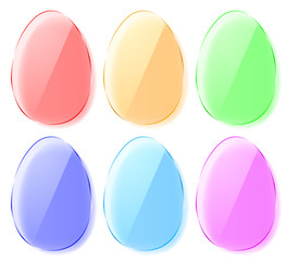 Set of colorful transparent glass Easter eggs with shadows. Flat design