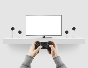 Man hold gamepad in hands in front of blank tv screen mock up playing game. Clear monitor mockup with gamer first person. Video gaiming console screen display. Gamer play game pad on tv screen. © Alexandr Bognat