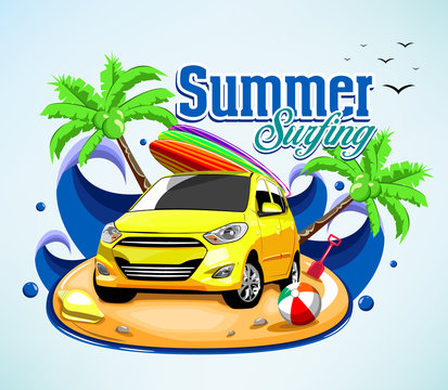 Summer Surfing Adventure Poster Design with Car and Surfboard on Top with Waves Background in Vector Illustration
