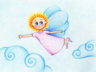 hand drawn picture of  little beautiful  angel flying in sky by the color pencils