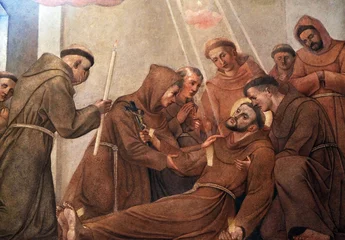 Deurstickers Death of Saint Francis of Assisi, fresco in the Franciscan Church in Ljubljana, Slovenia  © zatletic
