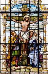 Crucifixion, Jesus died on the cross, stained glass window in the Basilica of the Sacred Heart of...