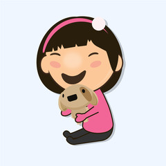 little girl holding a cute dog and experiencing emotions, vector illustration/ chiby girl and dog