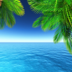 Panele Szklane  Tropikalny krajobraz 3D z palmami i oceanem