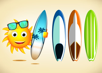 Smiling Sun Character Holding Sets of Surfboards with Different Designs as Summer Elements in Vector Illustration
