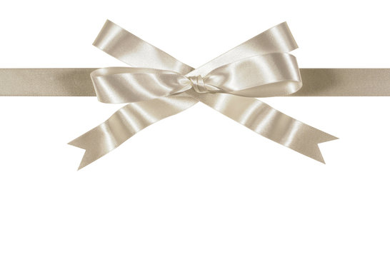 White or silver gift ribbon bow straight horizontal banner isolated on plain background photo