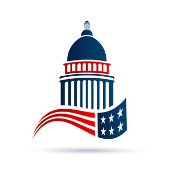 Capitol building logo with american flag. Vector design