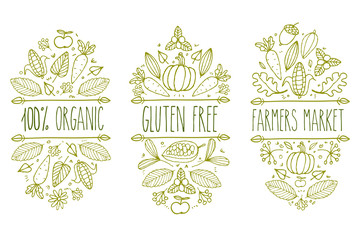 Organic food, gluten free, farmer market menu logo. Hand drawn vector sketch typographic element. Nature product label. Leaf, corn, carrot, cacao, cocoa, apple, pumpkin, floral, acorn.