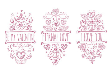 Valentines day sketch doodle collection, vector hand drawn label element set. Love heart, floral, branch, arrow, pigeon, bow, flower, leaf, lollipop, candy, rose, cupcake, beryy. Romantic collection.