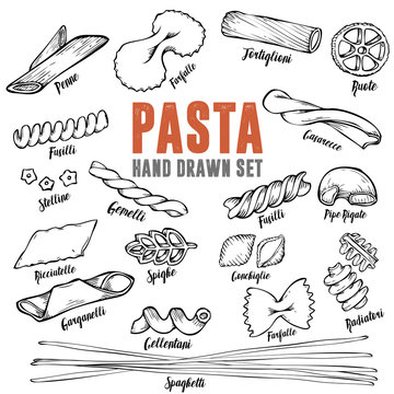 Hand drawn Italian pasta set. Collection of different types of pasta. Retro line art vector illustration.