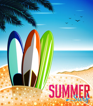 Summer Surf at the Beach Design with Three Beautiful Designed Surfboards. Vector Illustrations
