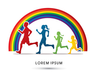 Obraz premium Family running silhouettes, designed on rainbows background graphic vector