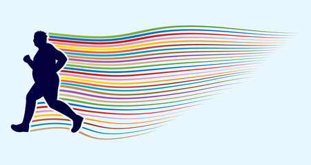 Fat man running designed on line rainbows background graphic vector.