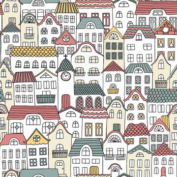 Hand drawn seamless pattern of a city with cute houses and a little church