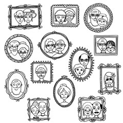 Cute hand drawn picture frames with portraits of old people