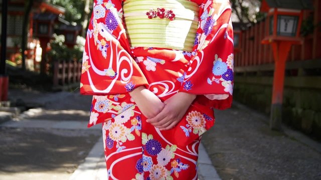 Beautiful young Japanese Girl wearing Kimono explores Kyoto - moving shot 