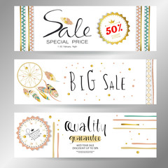 Naklejka premium Light green gold pink tag sale in boho style on valentine's day