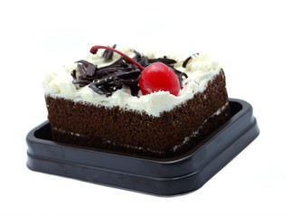 Black forest cake on white background.